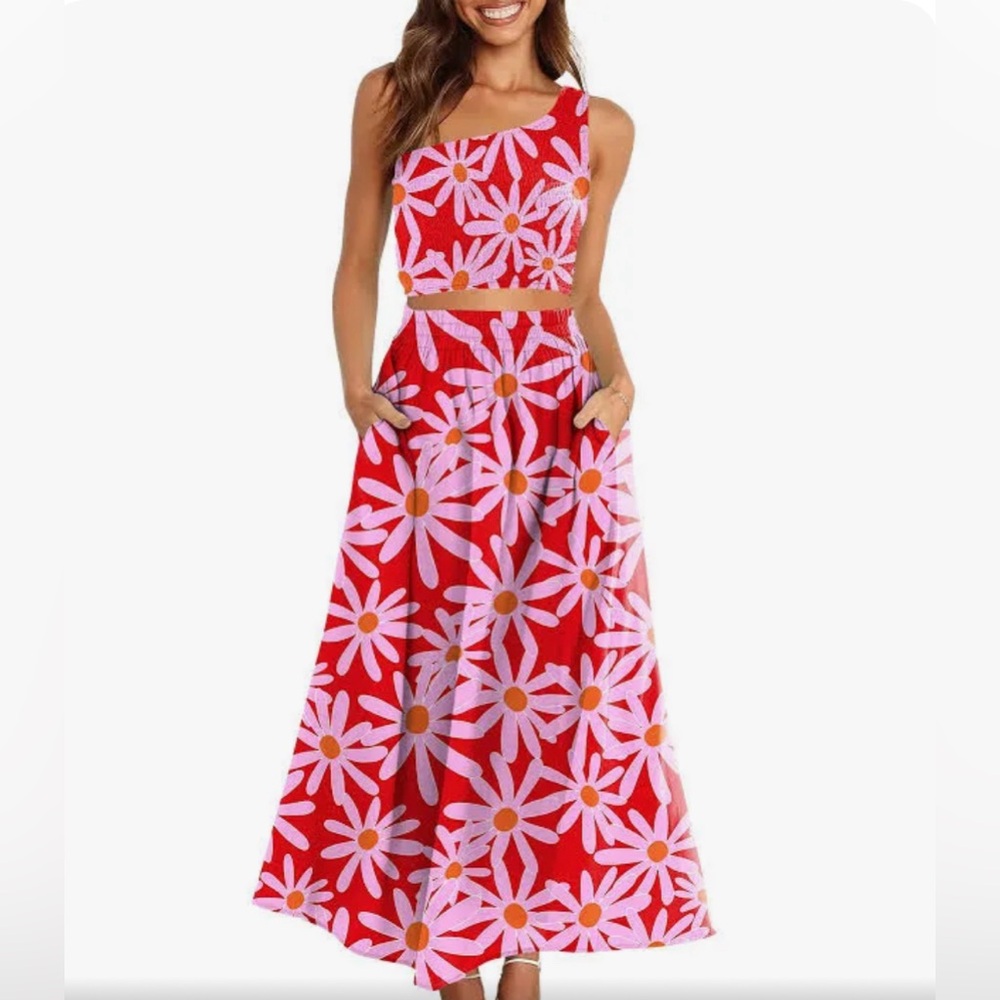 ANRABESS Smocked Crop Top & High Waist Long Skirt Dress Set with Pockets NWT!!